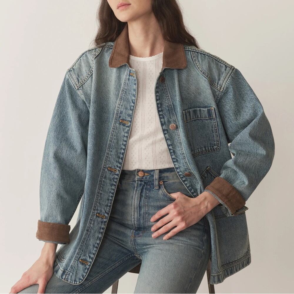 NWT Doen Pascual Cotton Denim Jean Corduroy Collar Barn Jacket Deveraux Wash - Picture 6 of 14